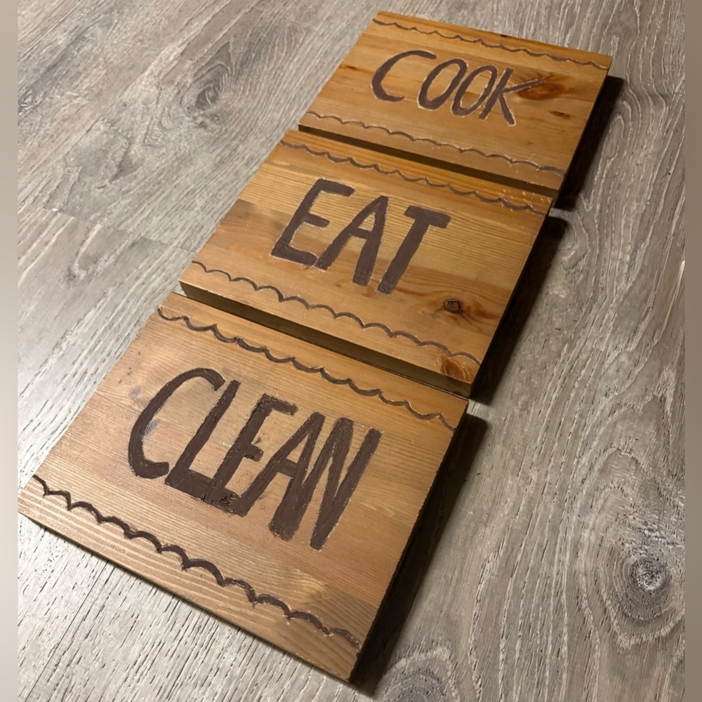 Farmhouse COOK EAT CLEAN Wood Wall Signs Set (3) Rustic Kitchen Decor - Picture 3 of 4